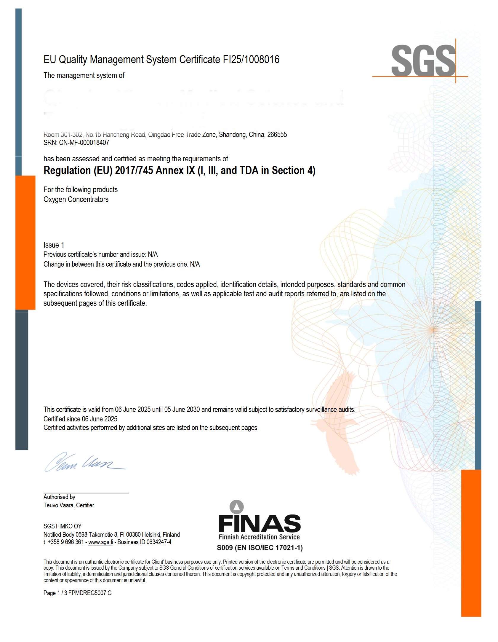 EU Quality Management System Certificate for Qingdao Kingon Medical Science and Technology Co., Ltd.