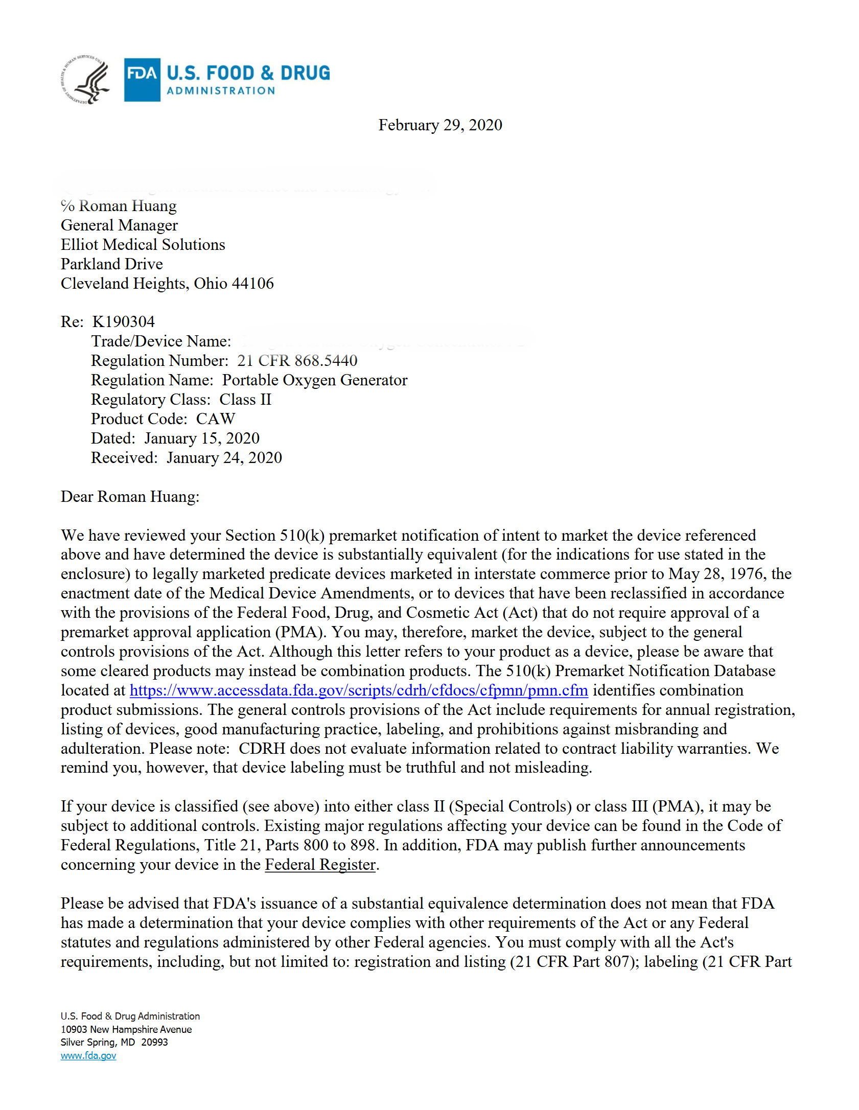 FDA clearance letter for Kingon Portable Oxygen Concentrator P2